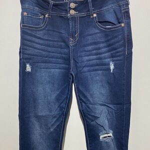 Wallflower Women's Blue Stretch Medium Wash Distressed Denim Ankle Jeans Size 13